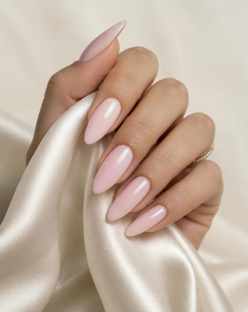 Mano con uñas forradas en dipping largas en forma almendra color rosa lechoso