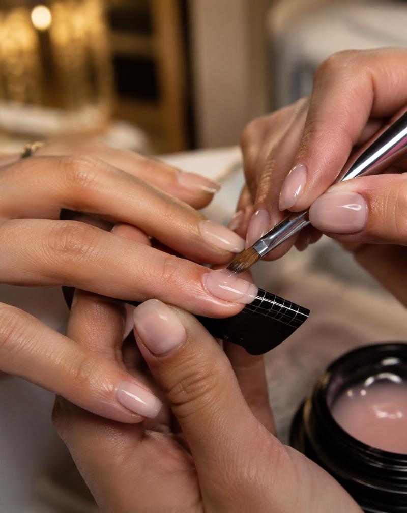 Manicurista aplicando poligel sobre uña natural en tono nude