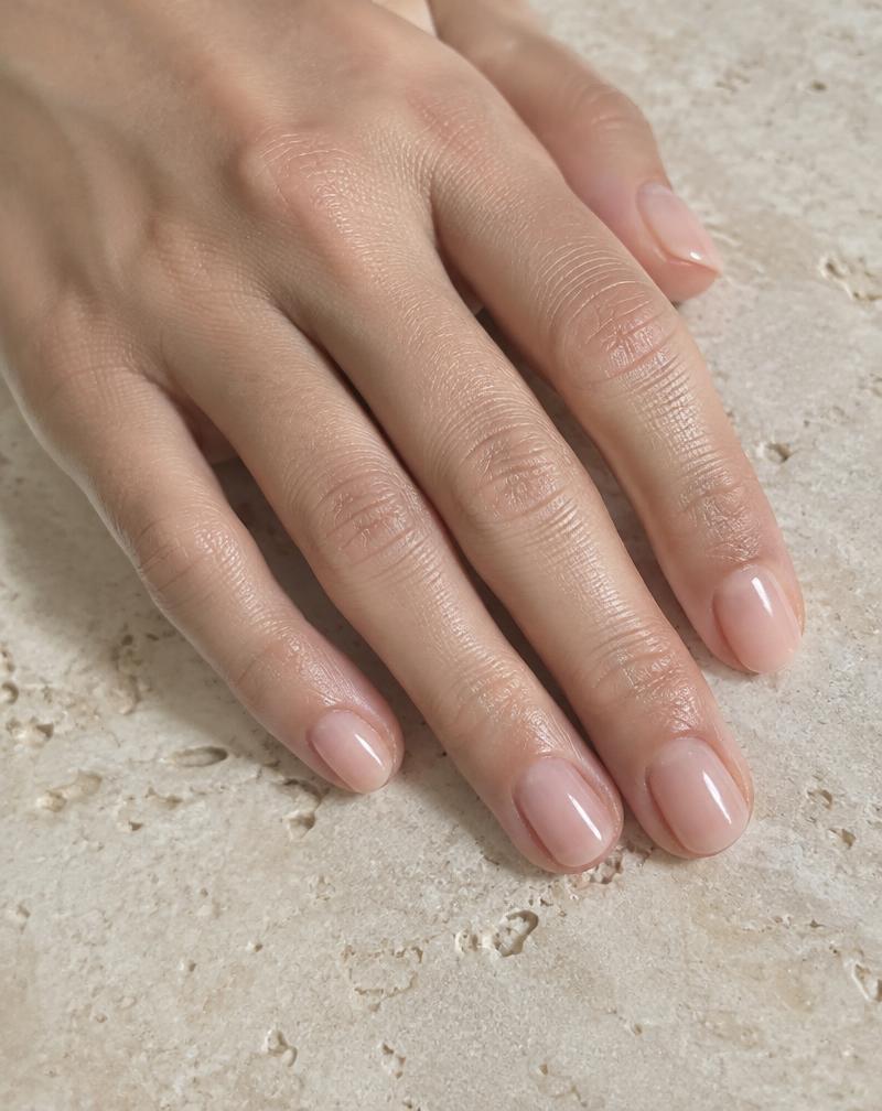 Uñas naturales cortas con base rubber de acabado translúcido brillante