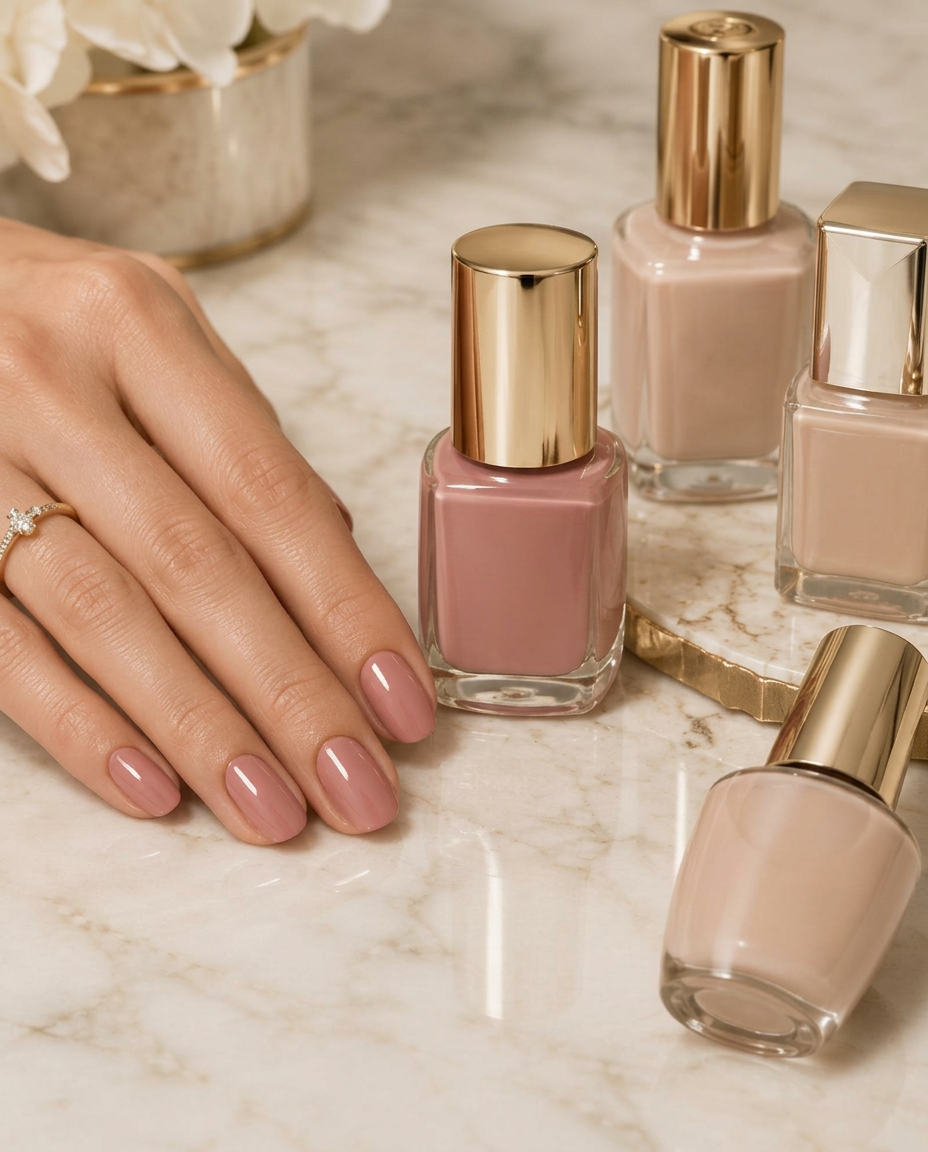 Manicura clásica con esmalte tradicional rosa viejo junto a frascos de esmalte